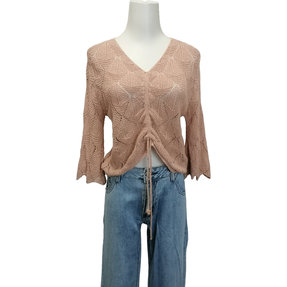 🐿🐿 Knit V-Neck Drawstring Sweater Top - Dusty Rose